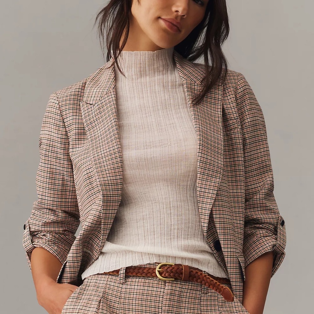 Anthropologie Maeve Roll Sleeve Blazer Jacket Plaid Women's Size 14